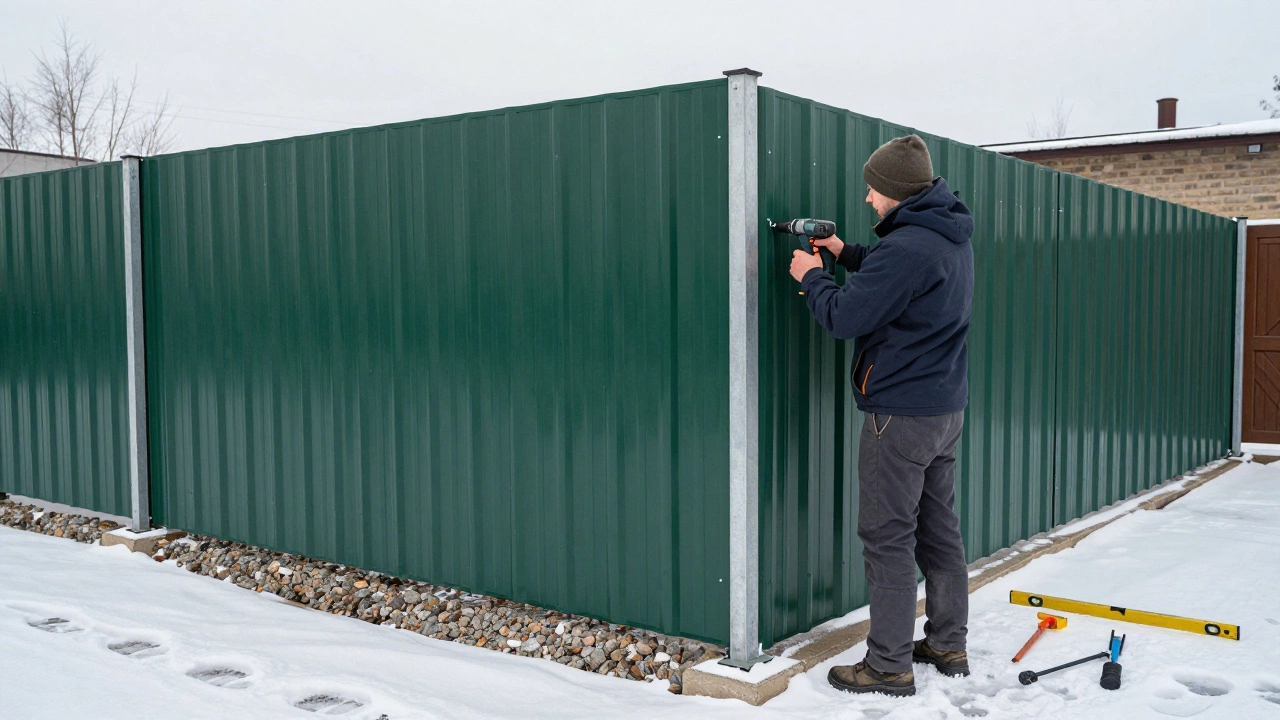 Доходчивый монтаж профлиста на металлические столбы с помощью дрели и уровня.