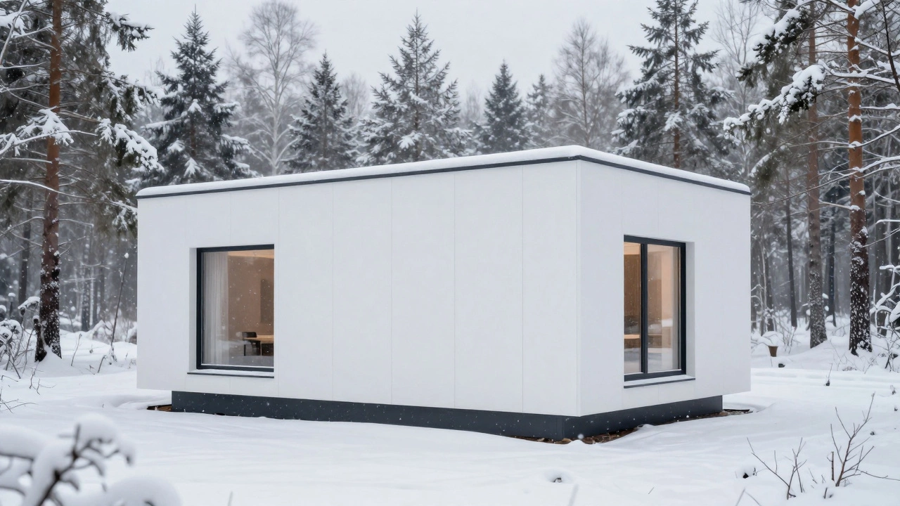 Дом из SIP-панелей в снежном лесу с тёплым светом в окнах.