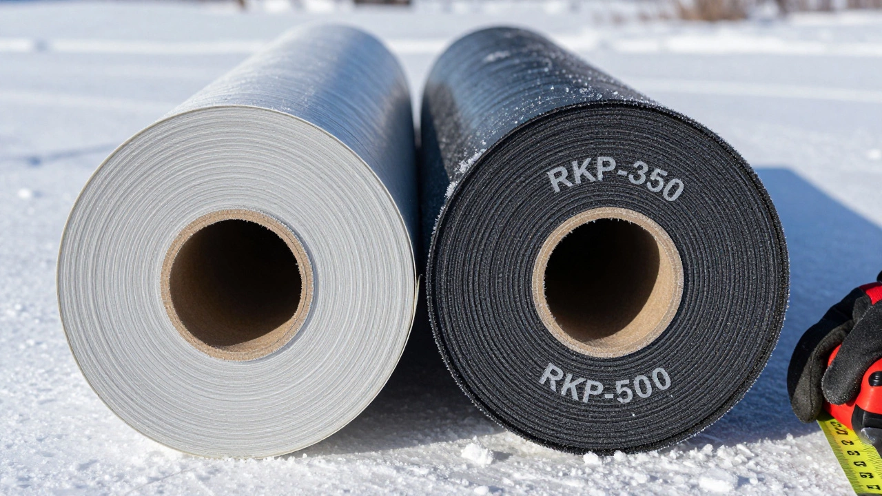 Два вида рубероида — РКП-350 и РКП-500 — рядом на морозе, подчеркивающие различия в толщине и покрытии.