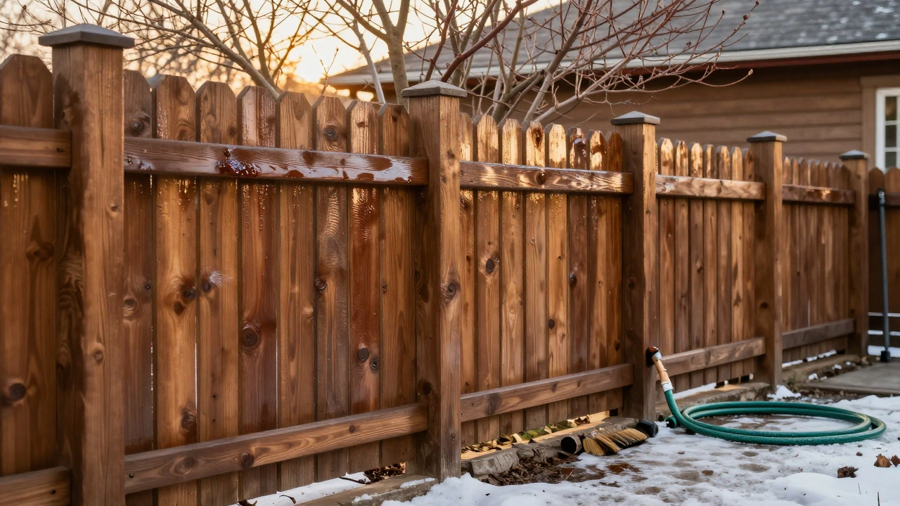 Готовые деревянные щиты с пропиткой на столбах уютного сада весной в Новосибирске.