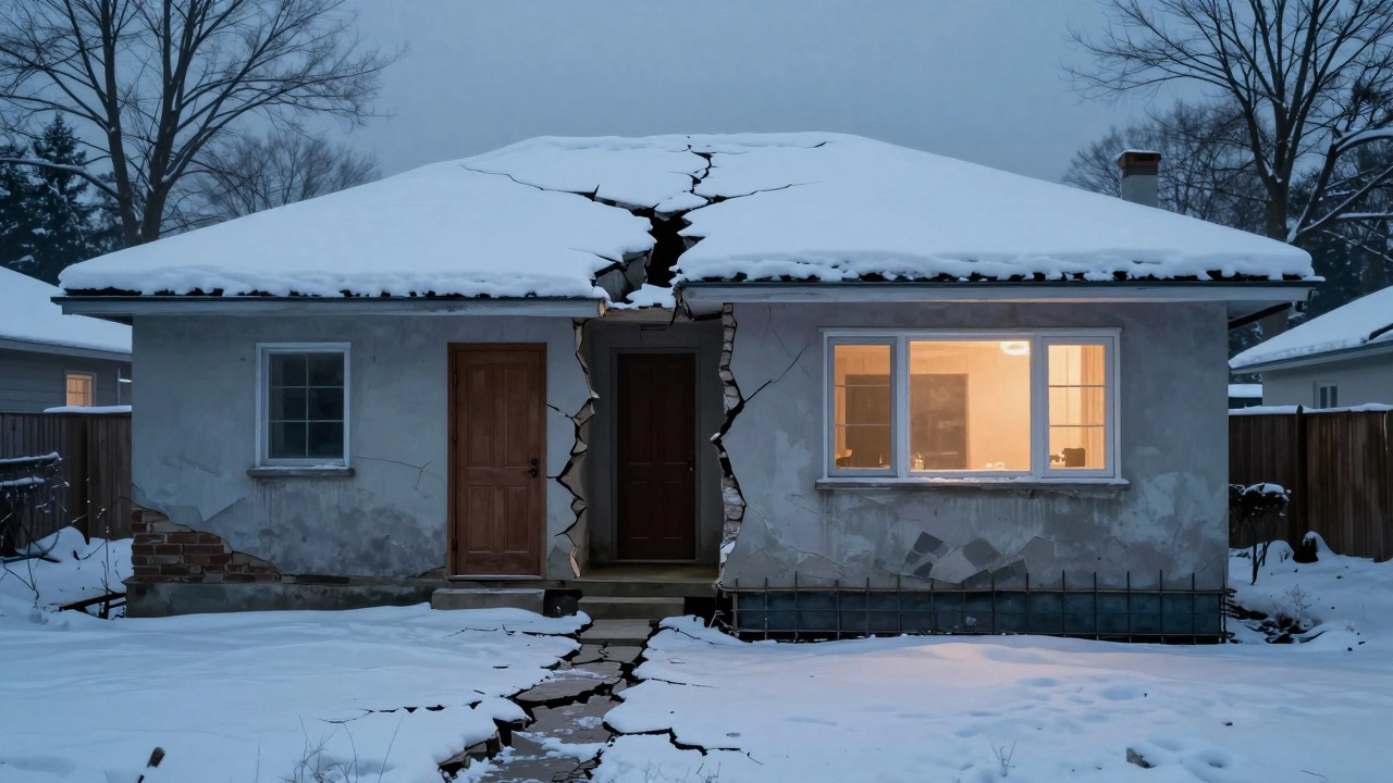 Контраст изображения: треснувший узкий фундамент слева и прочный широкий — справа под тяжелой снежной крышей.
