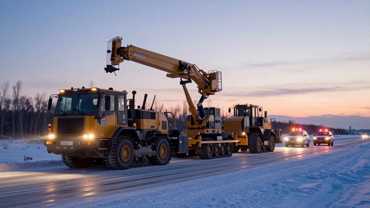 Кран-перевозчик поднимает бульдозер на платформу в сумерках на дороге.