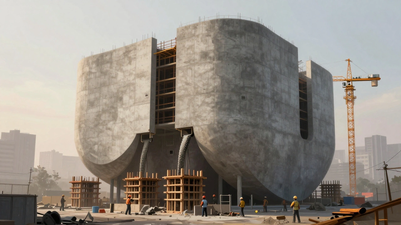 Монолитное здание в процессе строительства с опалубкой и краном.