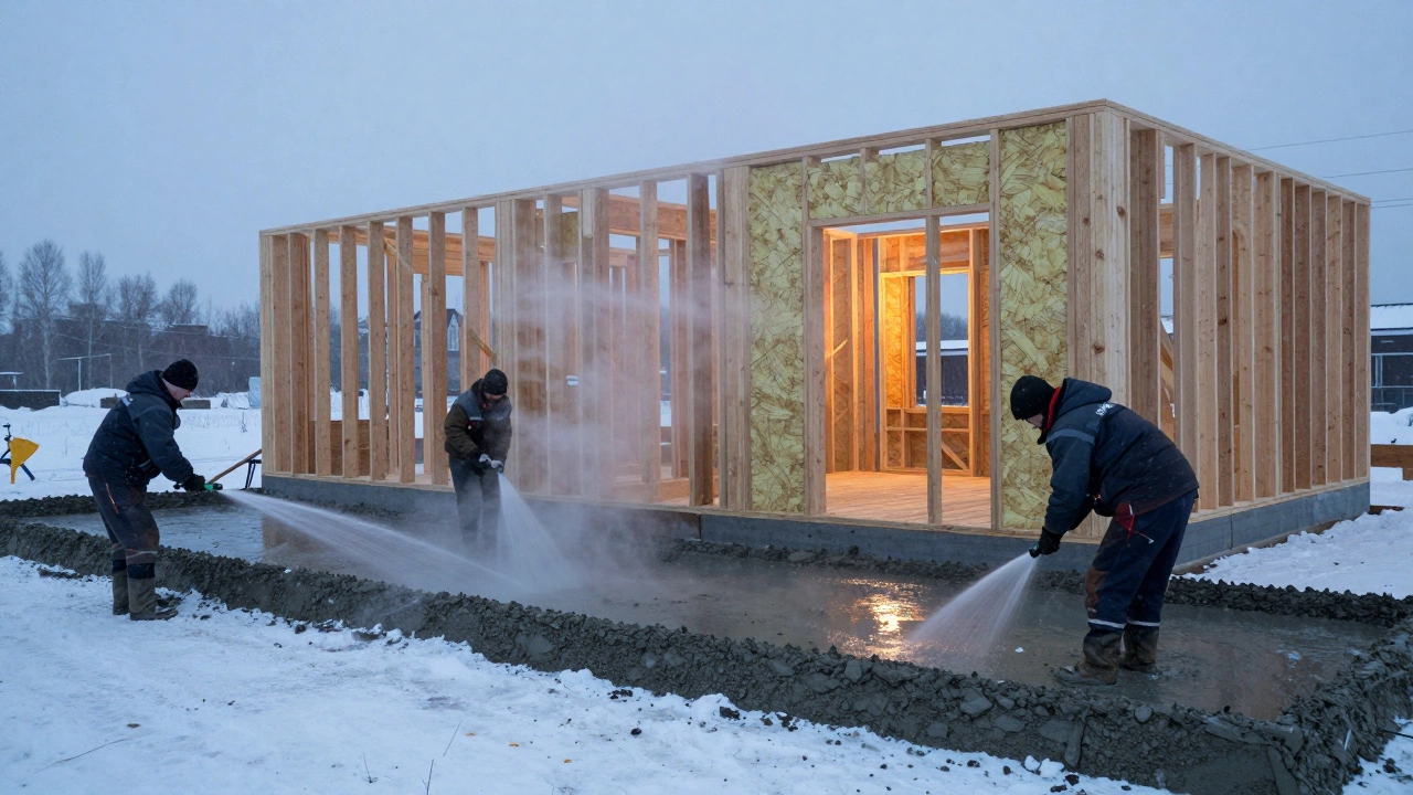 Рабочие ухаживают за бетонным фундаментом под снежным небом, накрывая его пленкой.