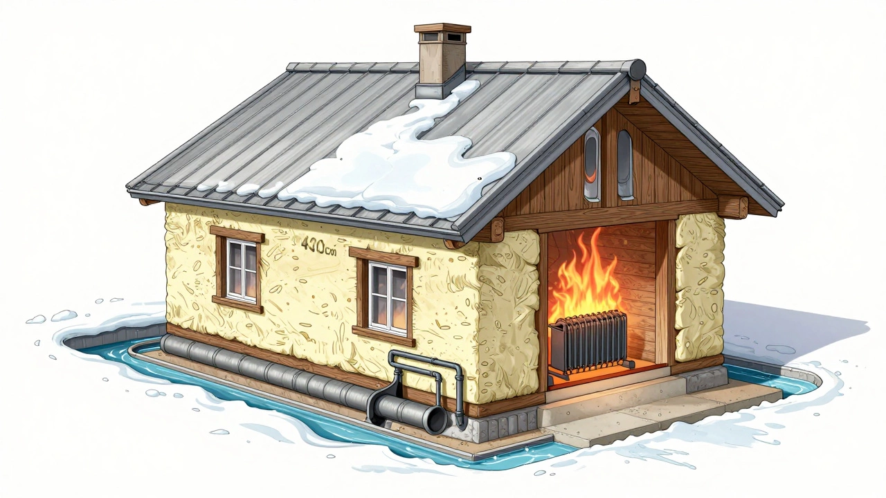 Разрез дома в Сибири с показом утепления, труб и системы вентиляции под снегом.