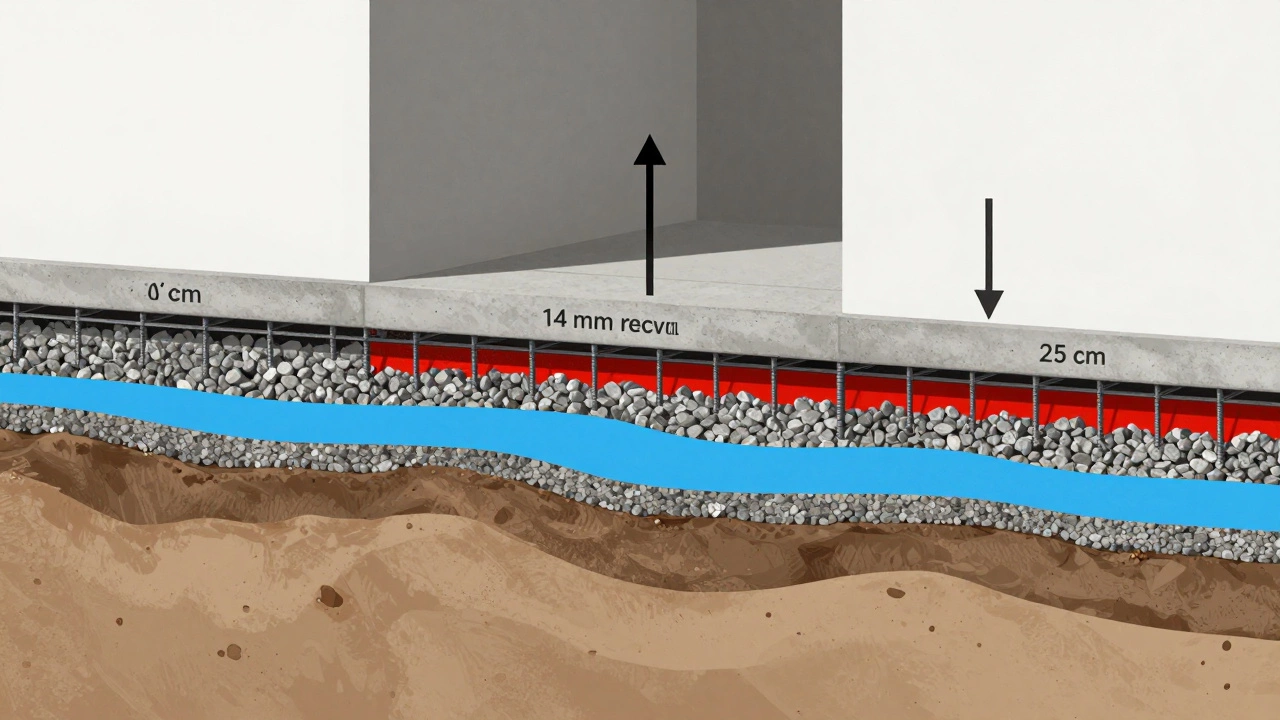 Разрез фундамента с показом слоев: бетон, арматура, щебень и грунты, с указанием нагрузок.