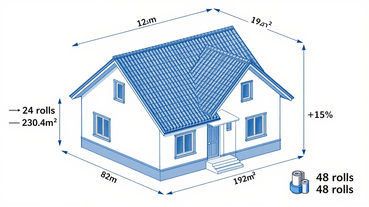 Схема расчета площади крыши с учетом уклона и запаса на отходы для рубероида.