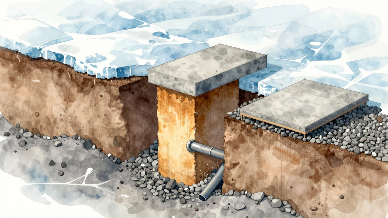 Схема трёх типов фундаментов в промерзающем грунте: ленточный, столбчатый и монолитная плита с утеплением.