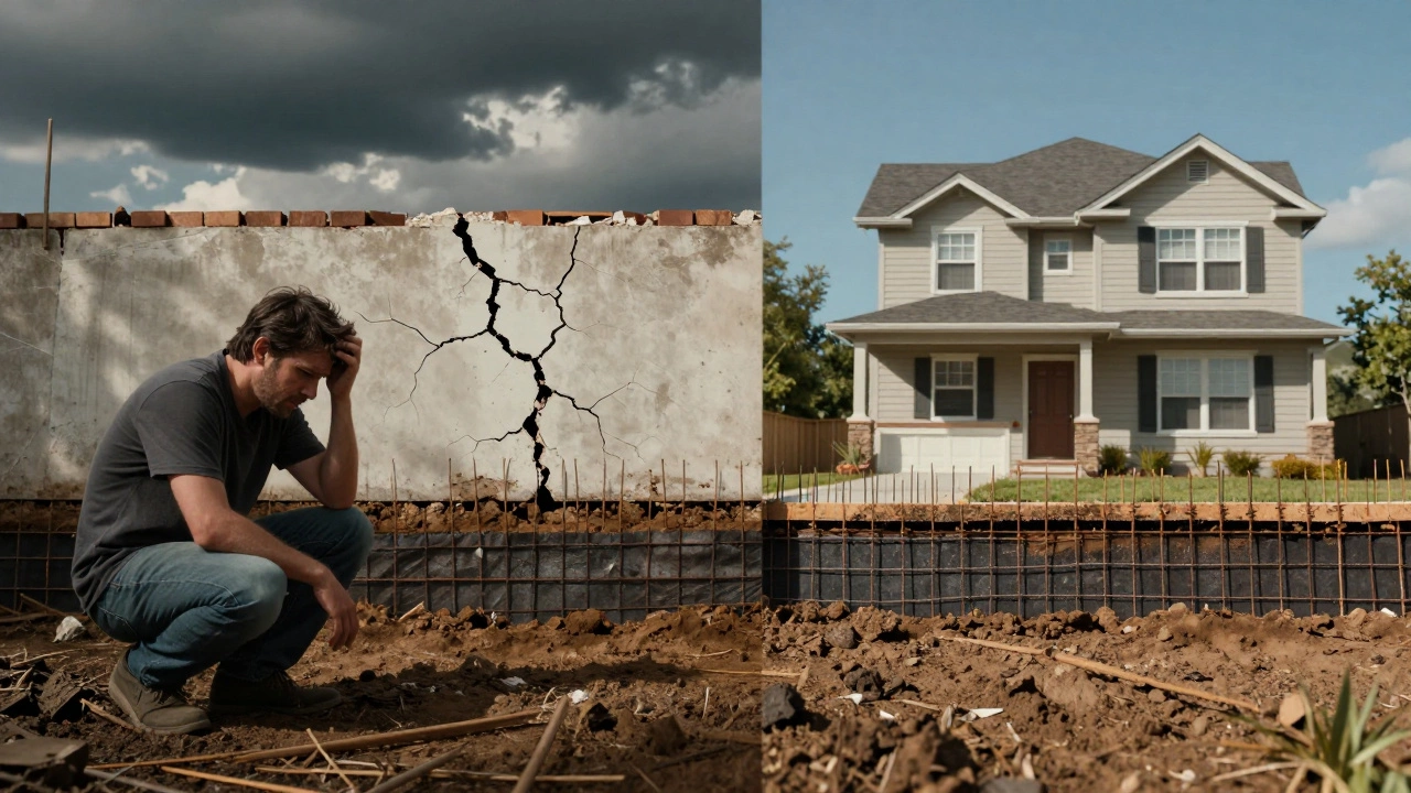 Сравнение: треснувший фундамент толщиной 30 см и прочный фундамент толщиной 55 см.