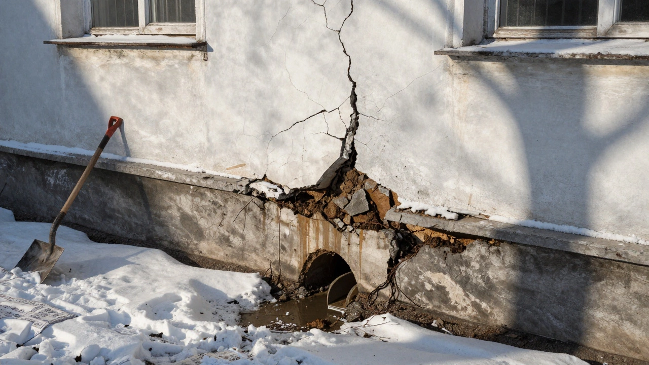 Трещины в стене дома из-за морозного пучения грунта, фундамент частично поднят, рядом лежит утеплитель.