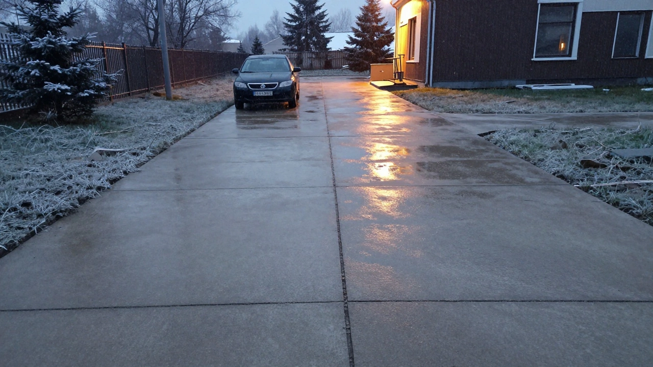 Заснеженная бетонная площадка с чёткими швами усадки и припаркованной машиной под вечерним светом.