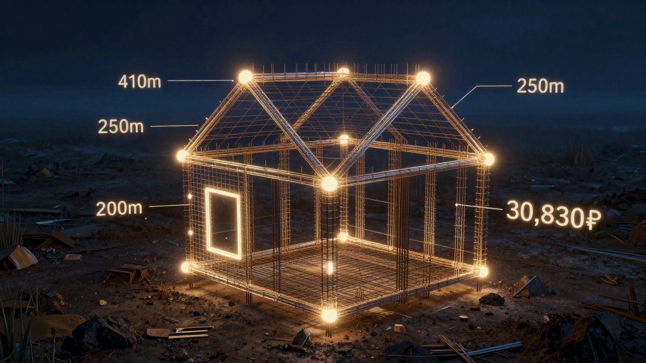 Абстрактное изображение арматурного каркаса фундамента с цифрами расхода материалов и стоимости.