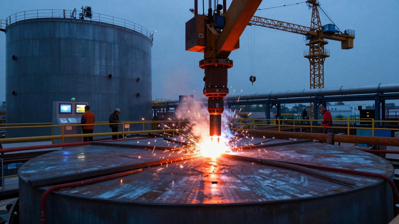 Автоматическая сварка под флюсом для толстых стен резервуара, расплавленный шлак светится красным.