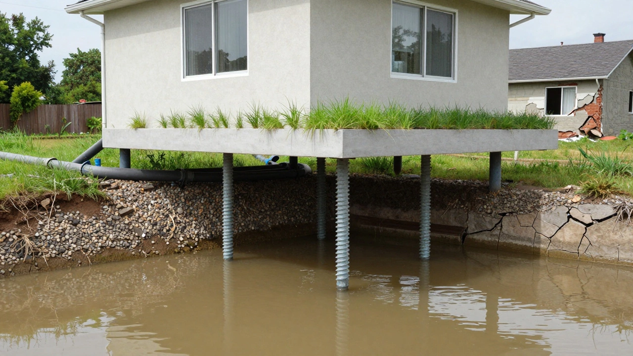 Дом на сваях над уровнем грунтовых вод, с дренажной системой, рядом — разрушающийся соседний дом.