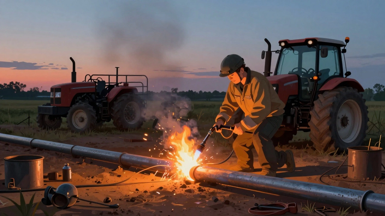 Газовая сварка в поле: горелка с пламенем соединяет трубы без электричества.