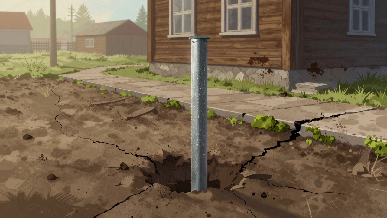 Металлический прут с конденсатом на фоне дома с влажными пятнами на фундаменте и мхом на тротуаре.