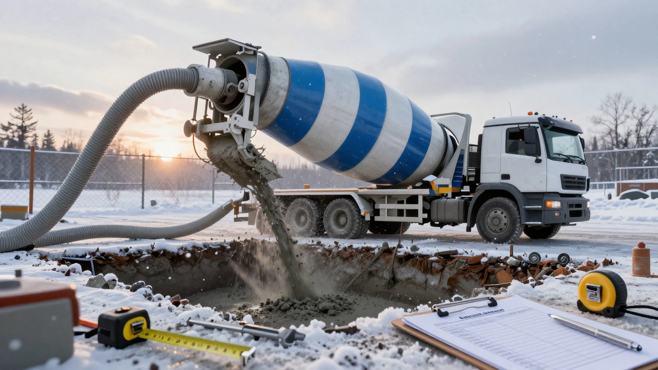 Миксер с гибким шлангом заливает бетон в траншею под зимним небом, рядом — инструменты и чек-лист.