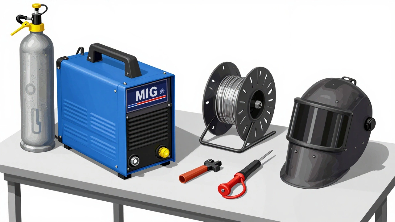 Набор оборудования для MIG-сварки: аппарат, баллон CO2, проволока на рабочем столе.