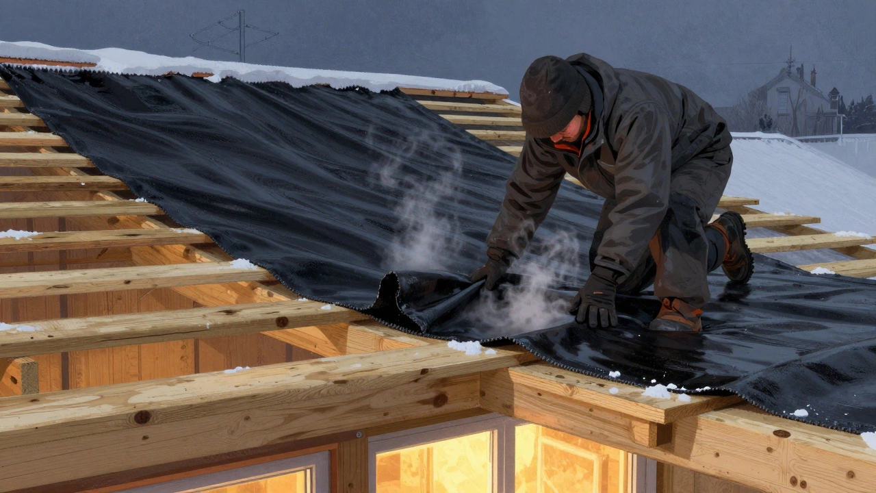 Работник укладывает самоклеющуюся мембрану на деревянную обрешетку при морозе, пар поднимается от тепла внутри дома.