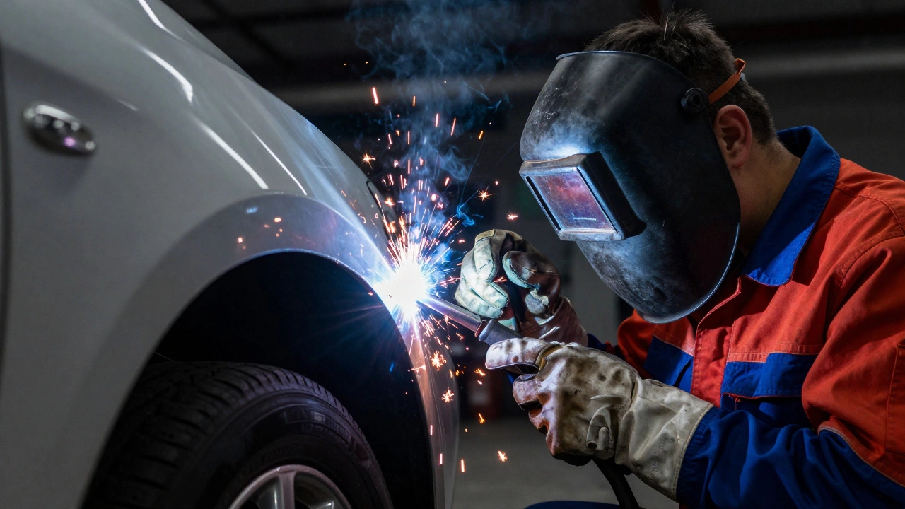 Ремонт крыла автомобиля методом MIG-сварки, искры и защитное снаряжение.