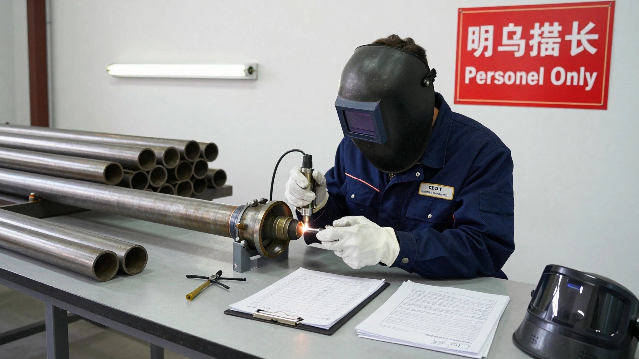 Сертифицированный сварщик проверяет шов газопровода ультразвуковым контролем, на фоне — документы и инструменты.