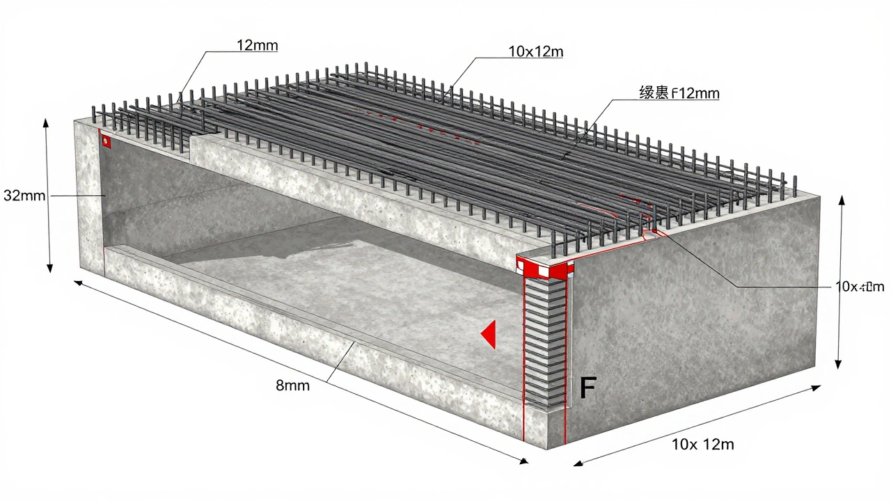 Технический разрез ленточного фундамента с обозначенными поясами армирования и усиленными углами.