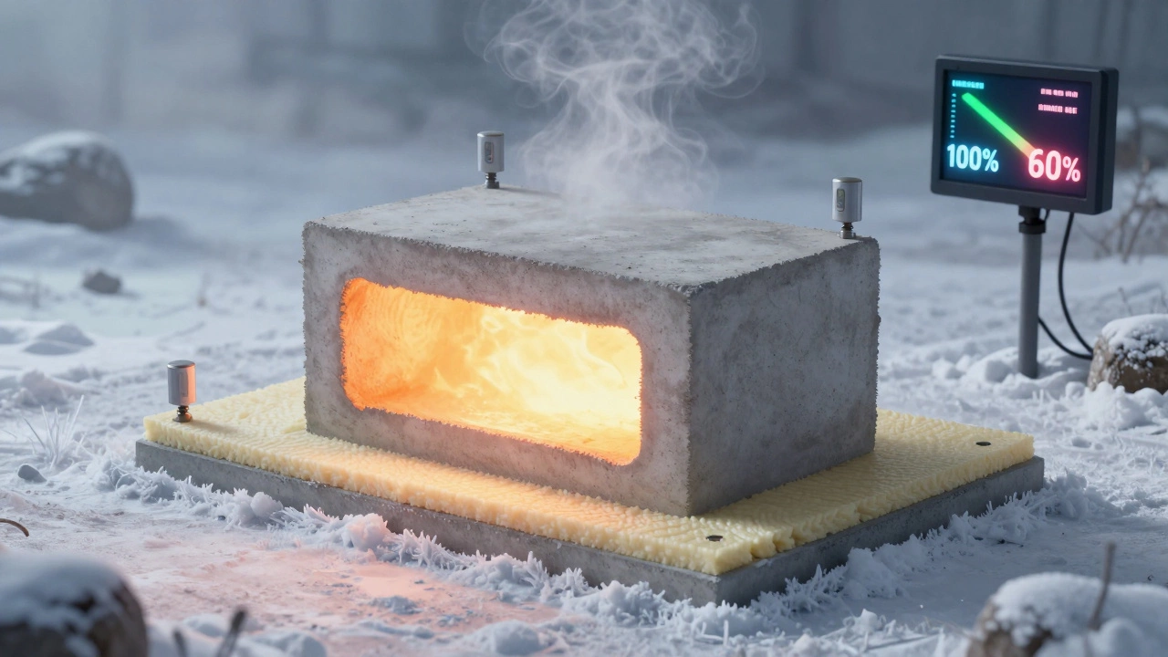 Тепловая карта бетонного блока с датчиками и утеплением, показывающая снижение энергопотребления во времени.