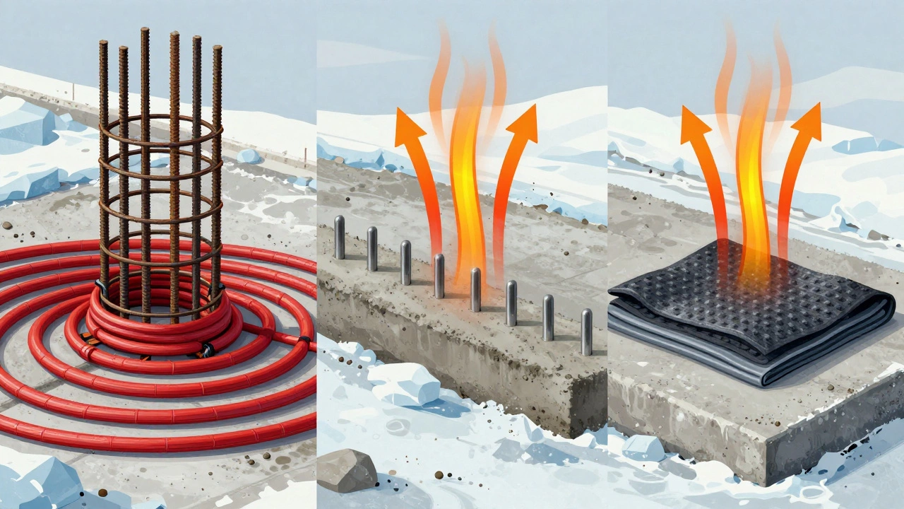 Три метода электропрогрева бетона: кабель, электроды и нагревательный мат, схематично показаны в деталях.