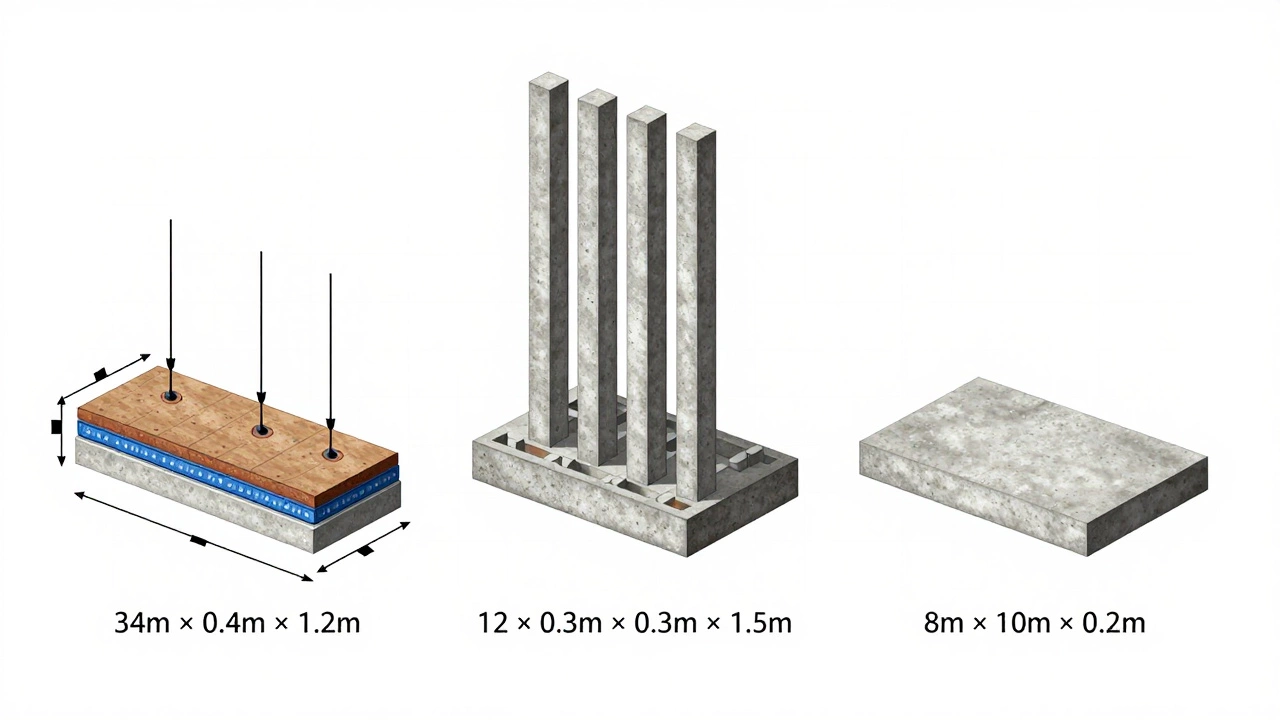 Три типа фундаментов: ленточный, столбчатый и плитный с указанными размерами и объёмами расчёта.
