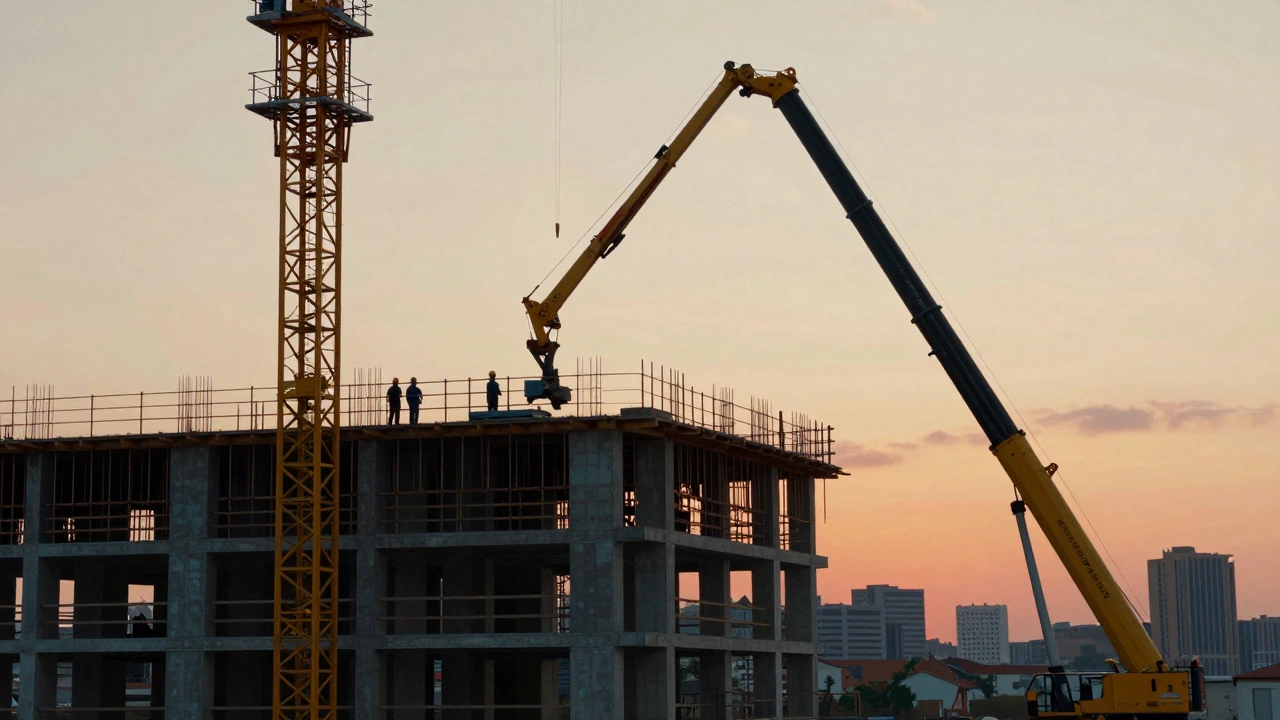 Башенный кран и бетононасос работают над строящимся многоэтажным зданием.