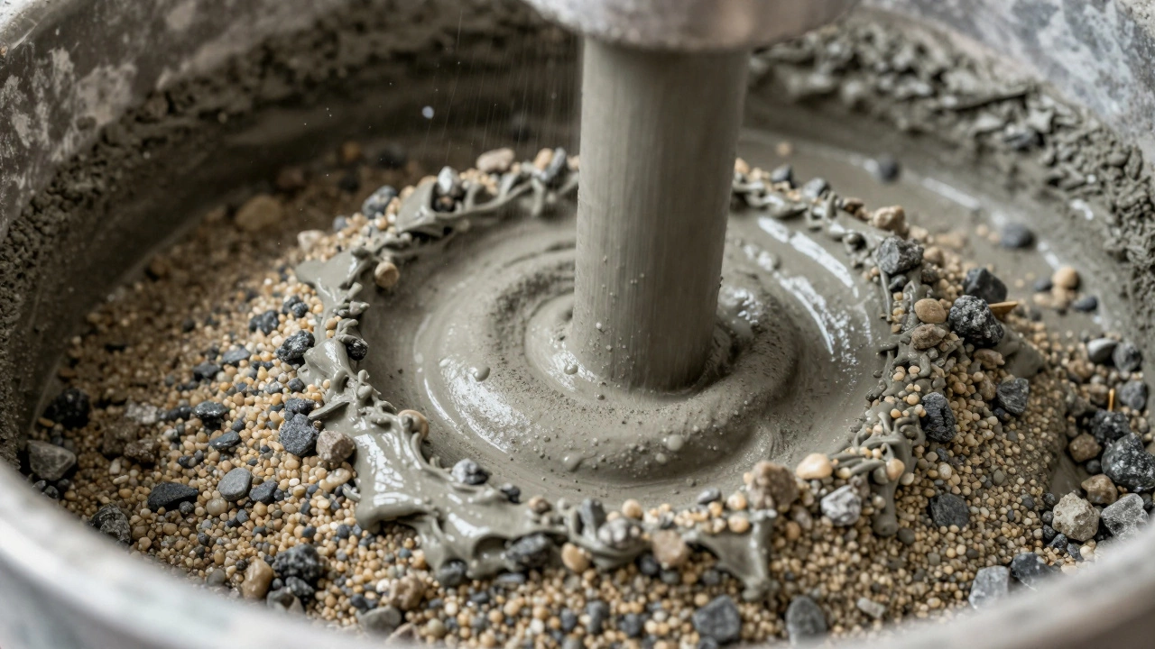 Бетономешалка смешивает цемент, песок и щебень на объекте.