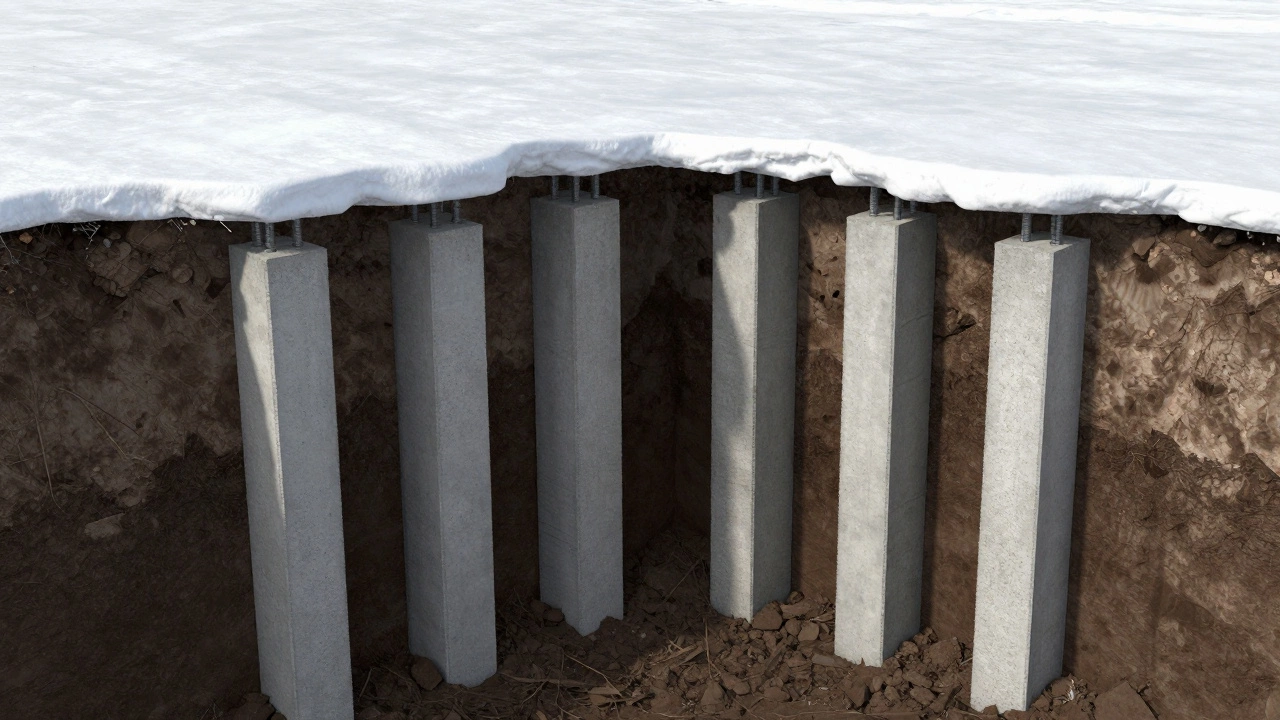 Глубокие бетонные сваи фундамента забора в мерзлой земле
