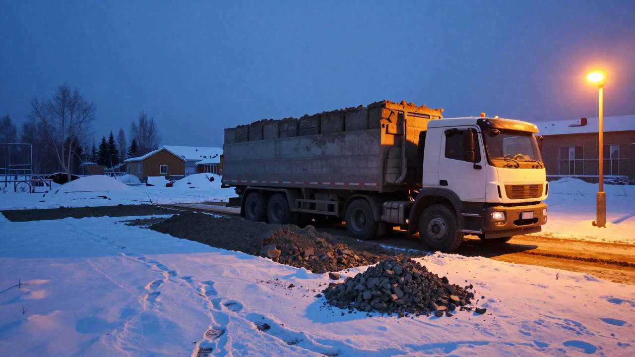Грузовик с бетоном выгружает последнюю партию на фундамент в зимнем дворе, свет фонаря греет снежный вечер.