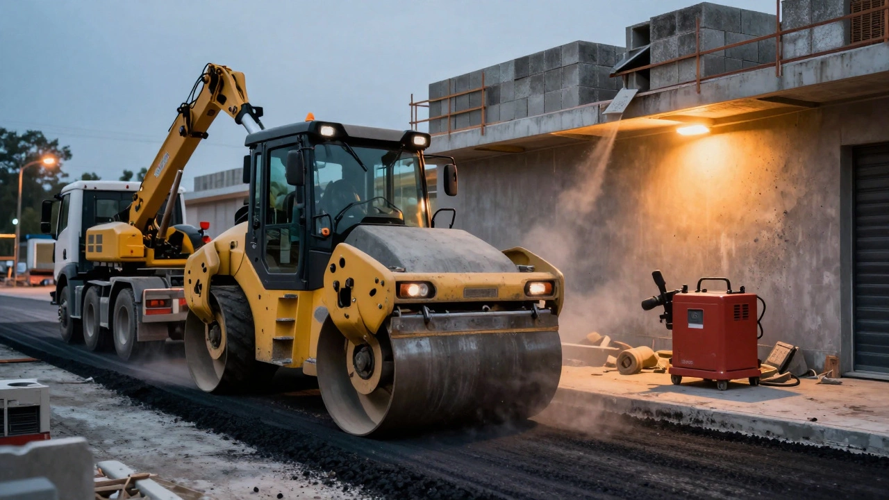 Каток уплотняет асфальт, манипулятор разгружает блоки, пылесос собирает строительную пыль.
