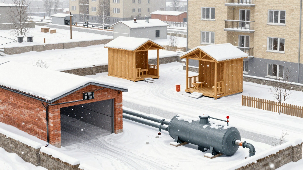 Комплекс нежилых строений: гараж, баня и септик, расположенные с соблюдением нормативных расстояний в снежной среде.