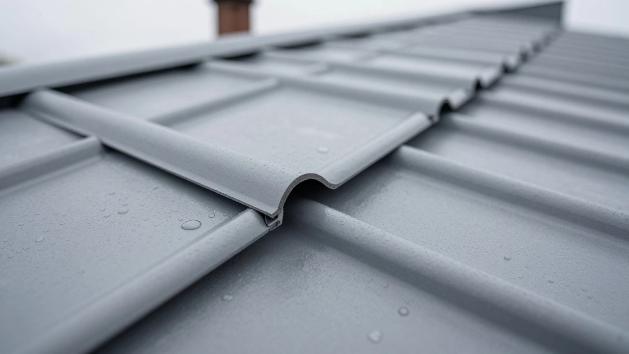 Крупный план стыка металлочерепицы с нахлестом для гидроизоляции.