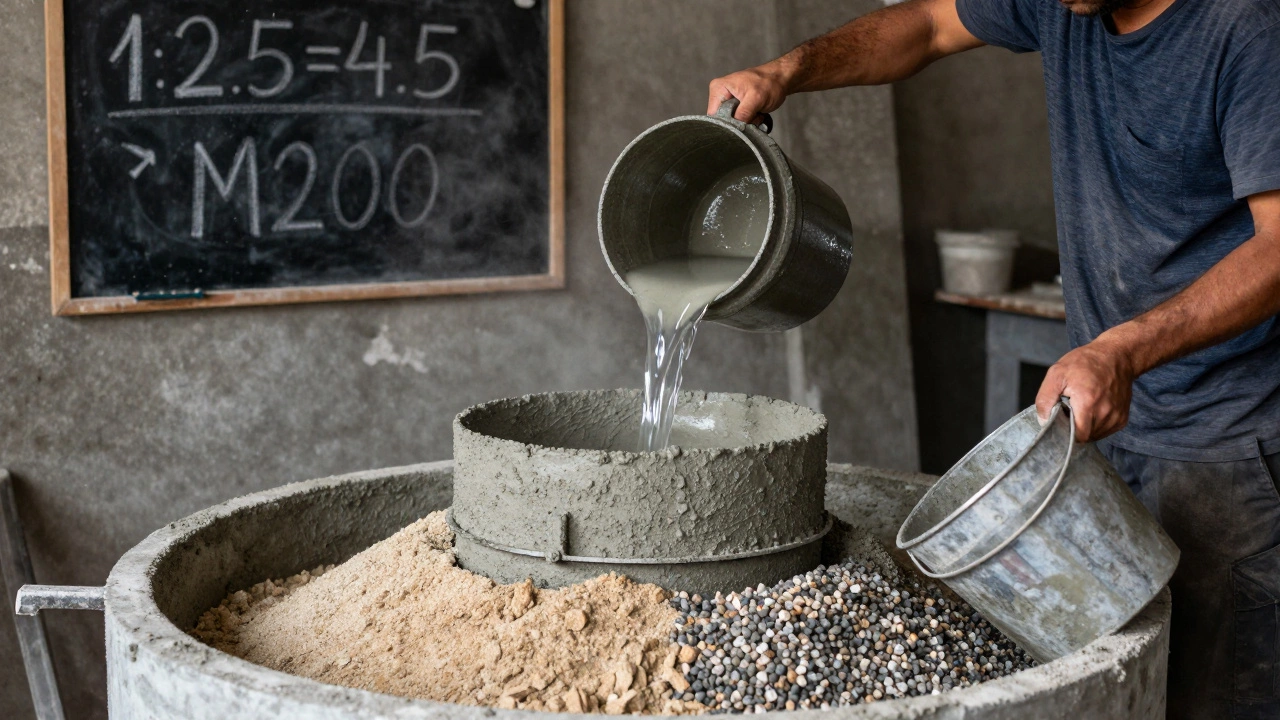 Мужчина замешивает бетон в бетономешалке, на фоне — соотношение компонентов 1:2,5:4,5 для марки М200.