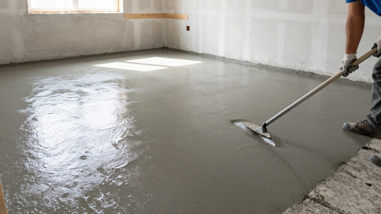 Рабочий выравнивает мокрую бетонную стяжку пола в комнате.