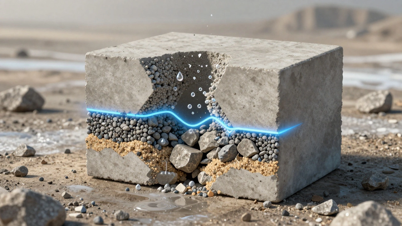 Разрез бетонного куба, показывающий слои цемента, песка и щебня с каплями воды, символизирующие процесс гидратации.