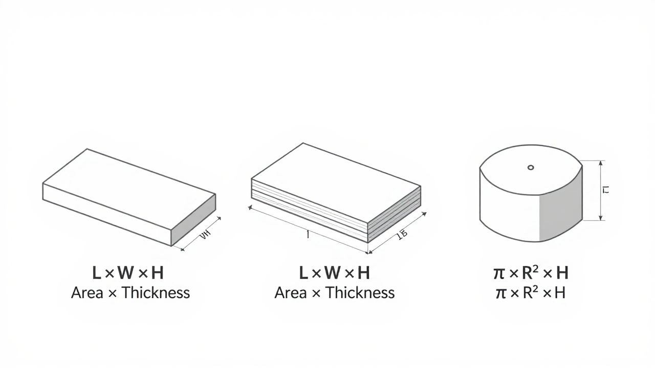 Схема трех типов фундаментов с формулами расчета объема бетона: ленточного, плитного и столбчатого.