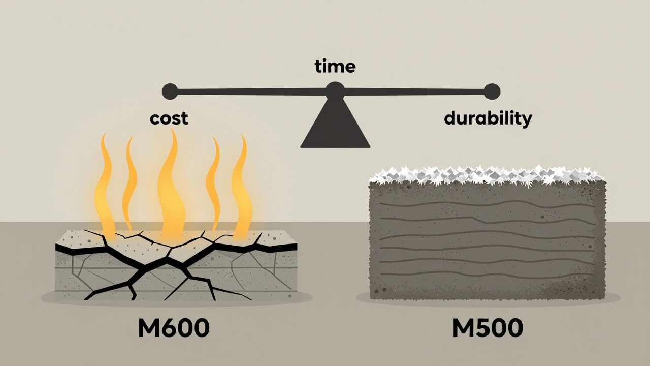 Сравнение треснувшего фундамента от М600 и целого от М500 с акцентом на равномерное затвердевание.
