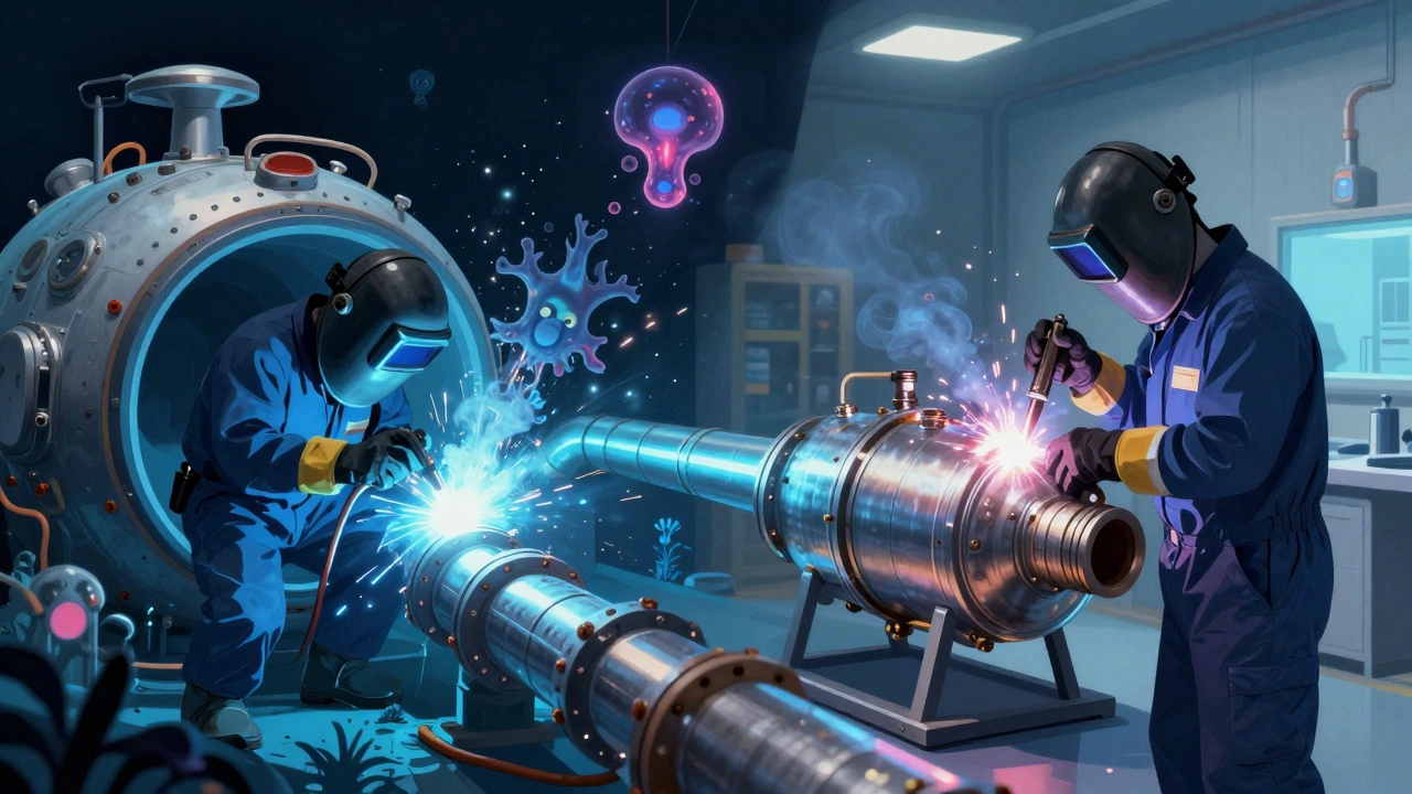 Сварщик ремонтирует подводную трубу и одновременно сваривает топливный бак ракеты — два мира одной профессии.