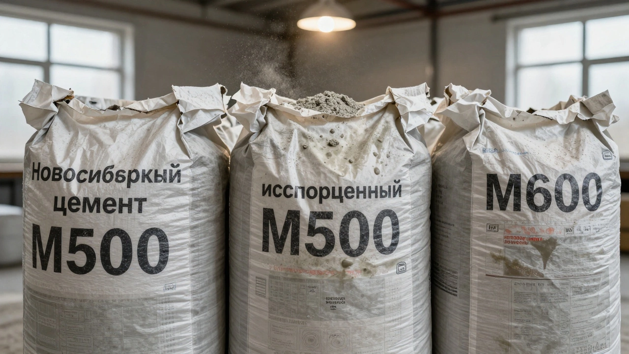 Три мешка цемента в теплом складе: свежий М500, испорченный и М600 — фокус на текстуре и маркировке.