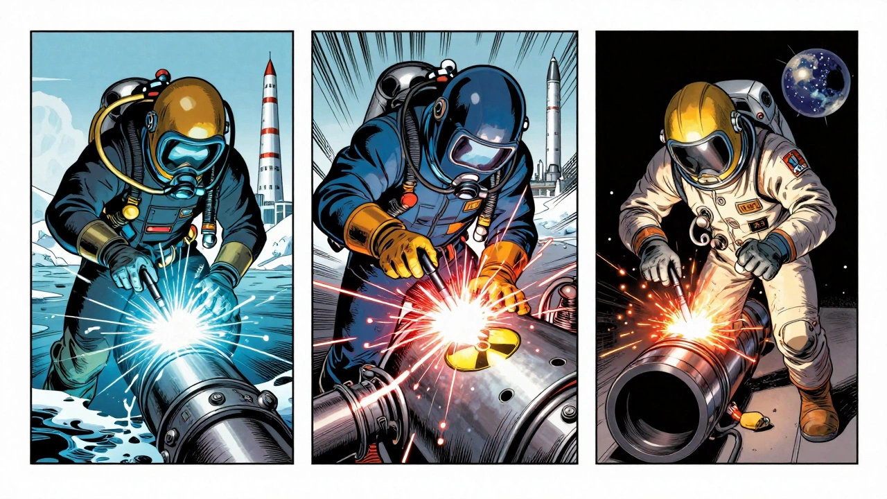 Три сварщика: подводник, атомщик и космический инженер — каждый на своем опасном и высокооплачиваемом объекте.