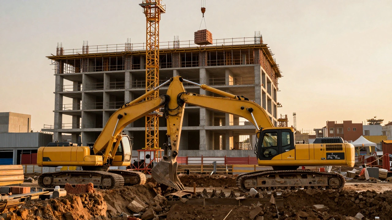 Экскаватор и подъемный кран на масштабной строительной площадке в лучах солнца