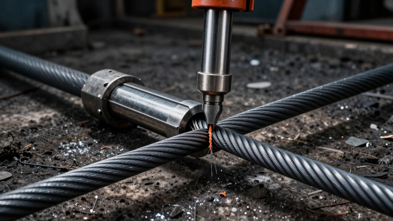 Гидравлический резак перерубает толстый бронированный кабель