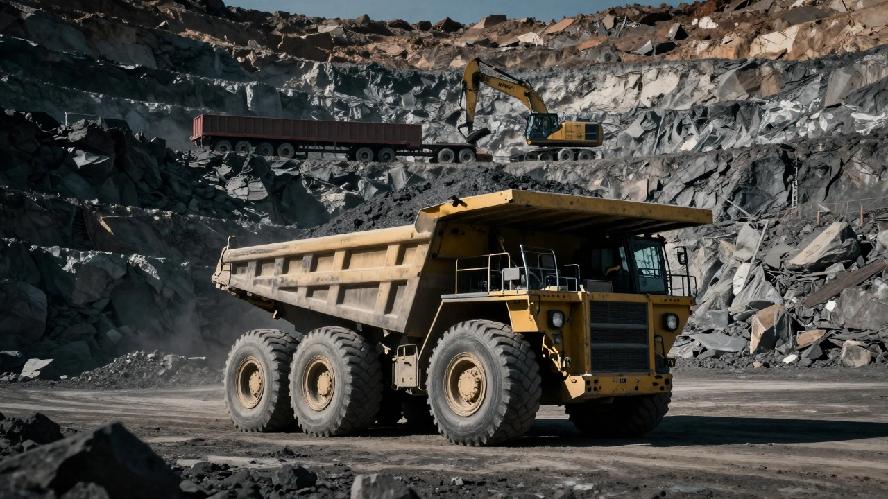 Гигантский карьерный самосвал и трал с экскаватором в глубоком карьере