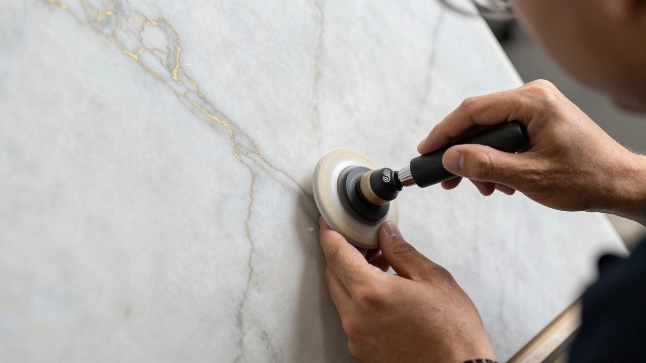 Мастер полирует плиту из дорогого натурального мрамора с золотыми прожилками