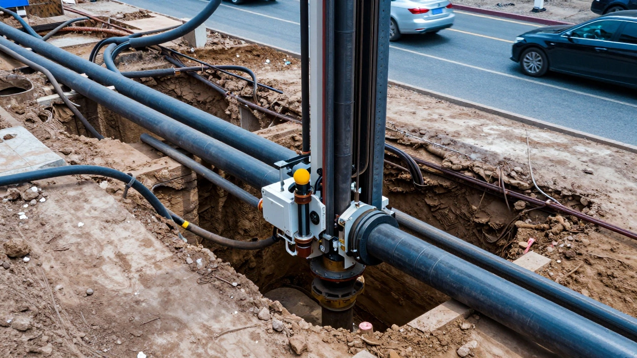 Процесс горизонтального бурения для прокладки труб под городской дорогой