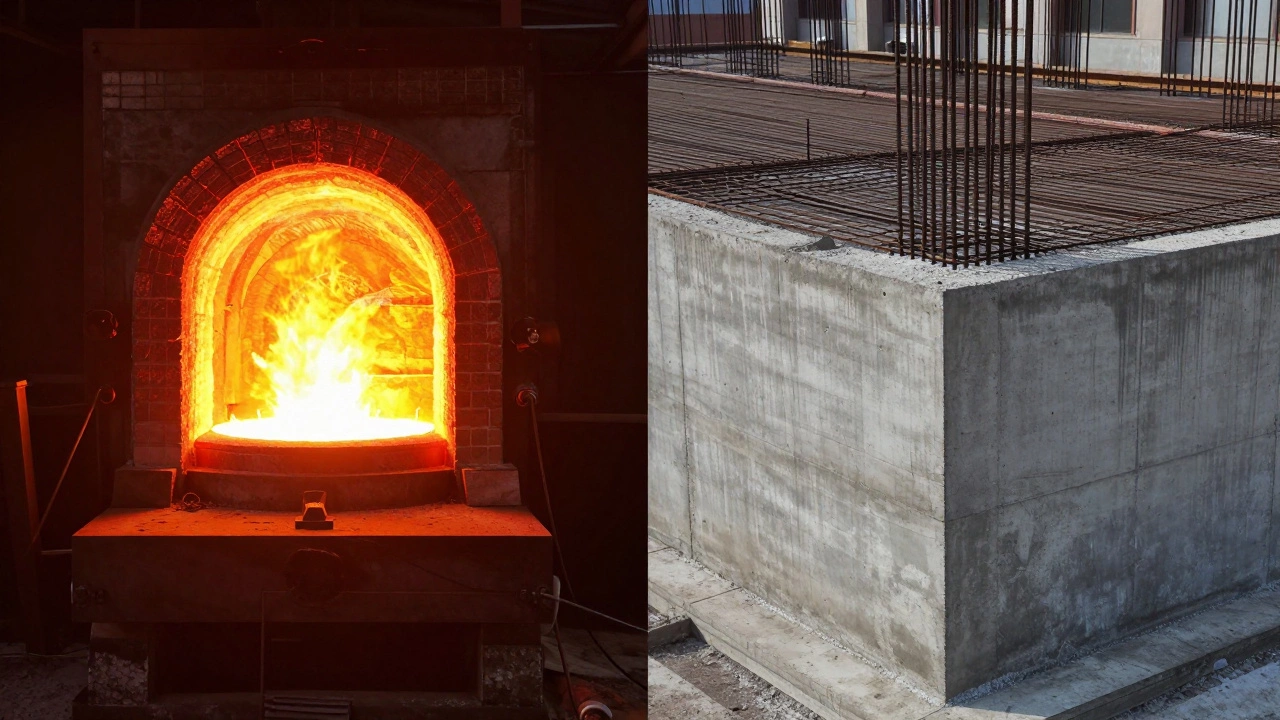 Процесс обжига клинкера в печи и готовый бетонный фундамент дома
